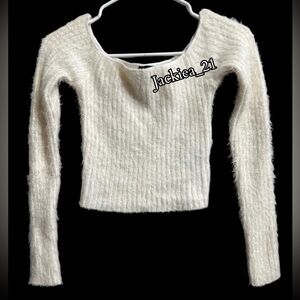 💙❤️ Windsor Off-the-Shoulder Cream Cropped  Fuzzy Sweater